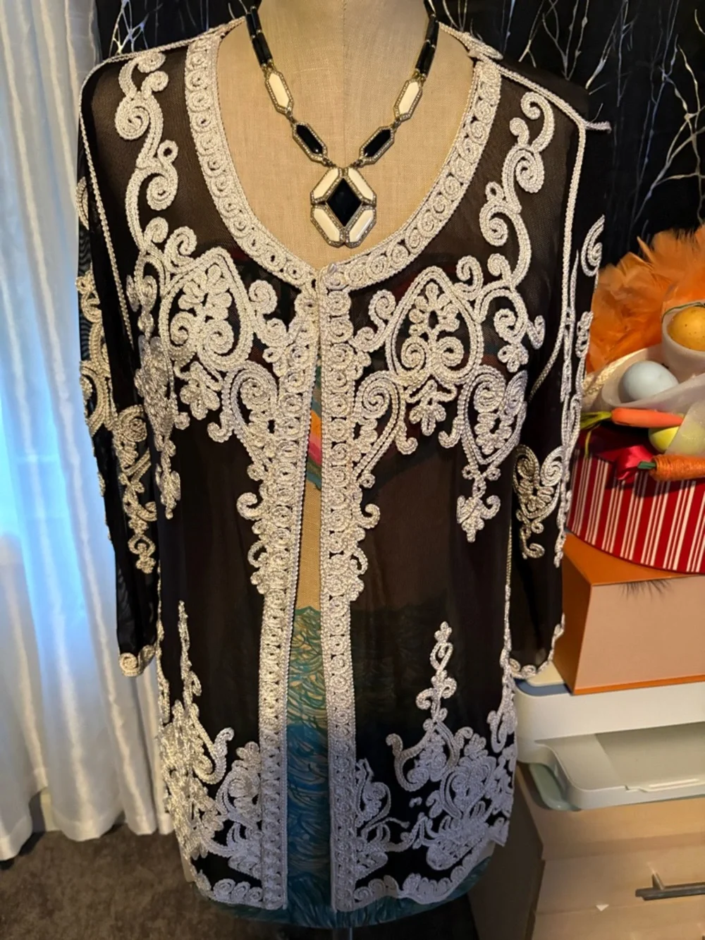 Sheer Black Embroidered open cardigan with White ribbon Lace Detail - Picture 5 of 13
